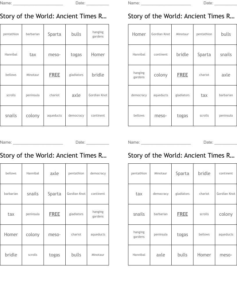 Story of the World: Ancient Times Review Bingo Cards