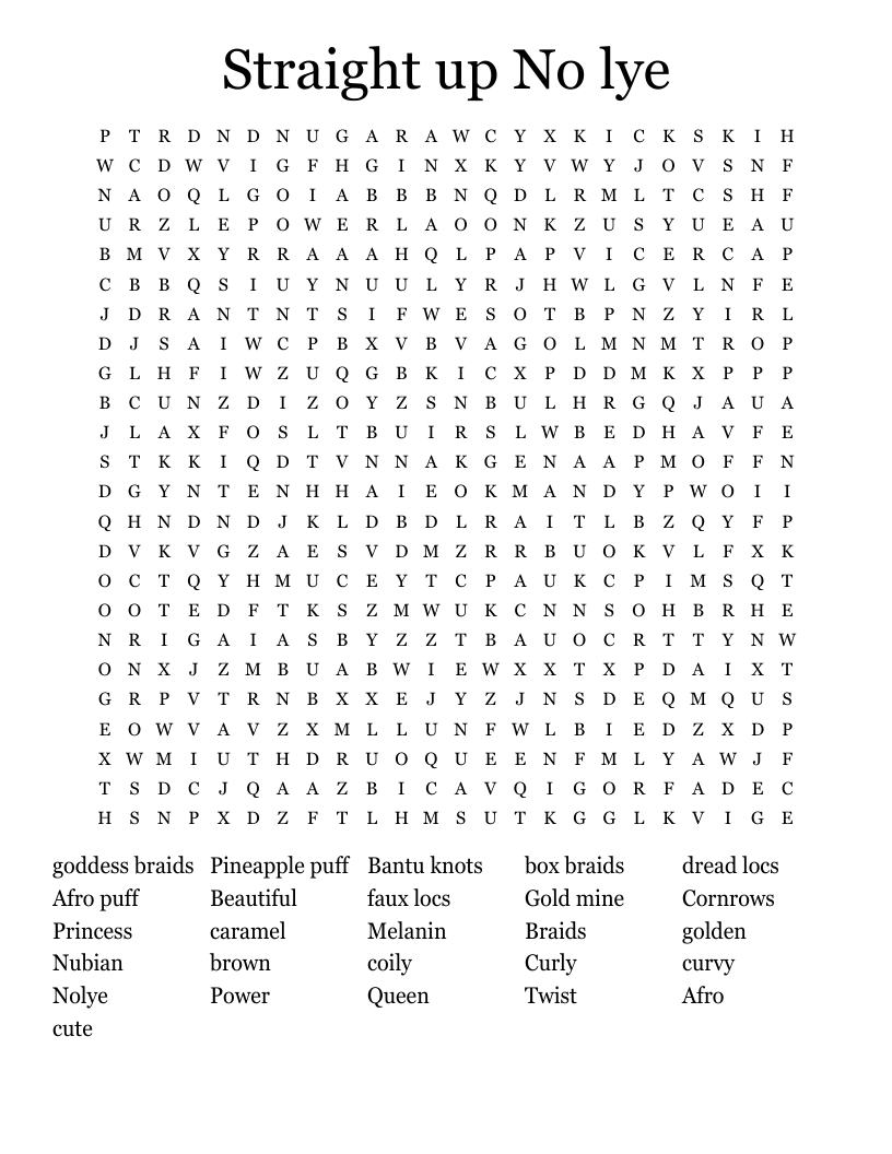 Straight up No lye Word Search