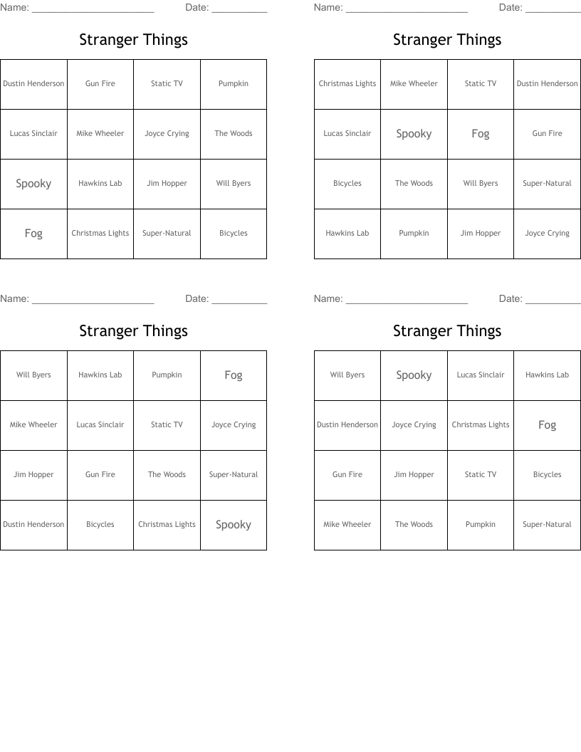 Stranger Things Bingo Cards