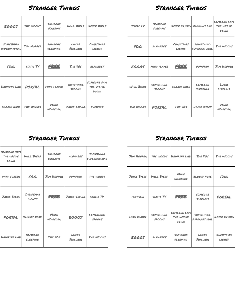 Stranger Things Bingo Cards