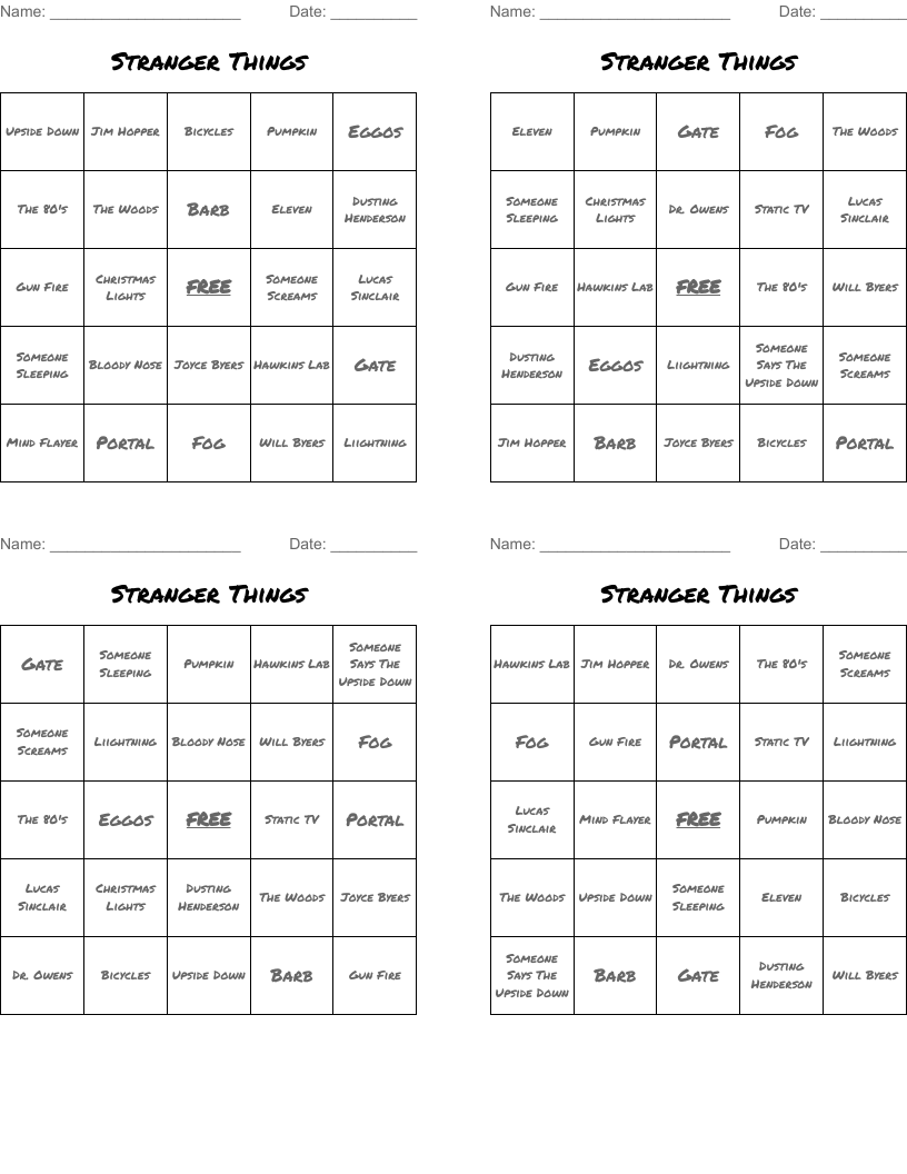 Stranger Things Bingo Cards