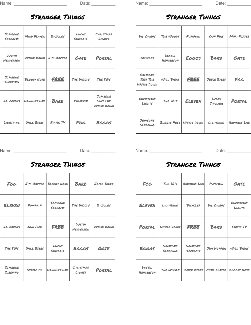 Stranger Things Bingo Cards