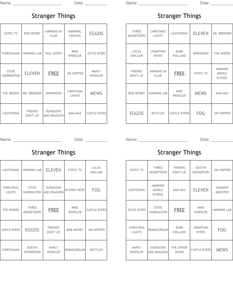 Stranger Things Bingo Cards