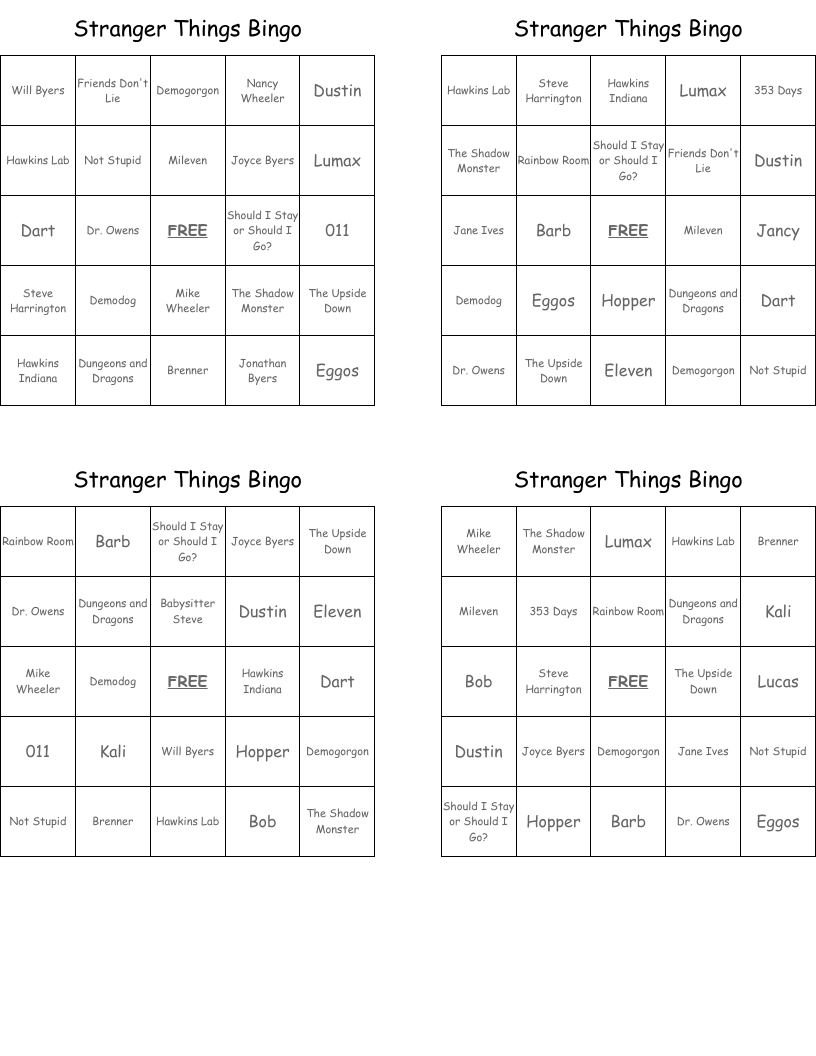 Stranger Things Bingo