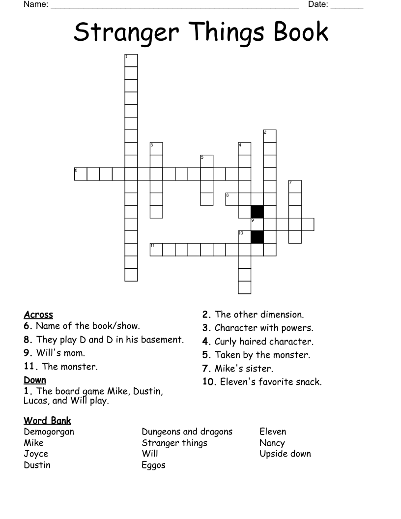 Stranger Things Book Crossword