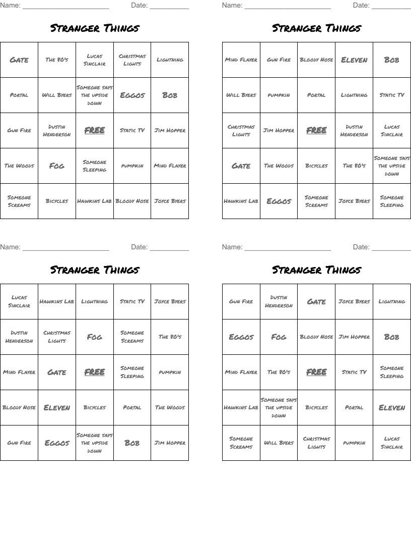 Stranger Things  Bingo Cards