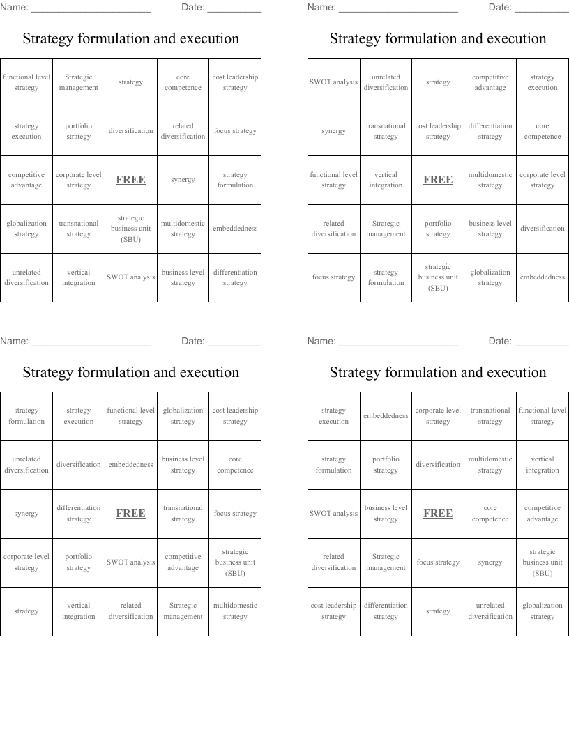 Strategy formulation and execution Bingo Cards