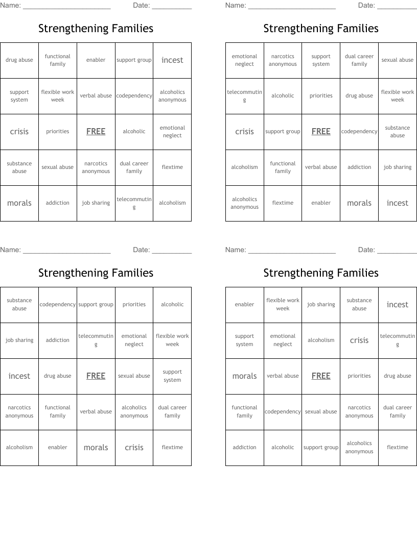 Strengthening Families Bingo Cards