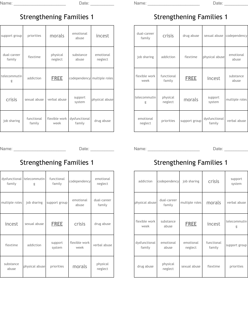 Strengthening Families 1 Bingo Cards