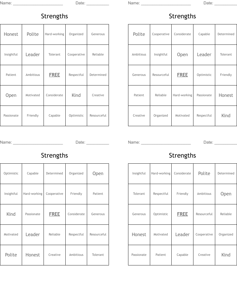 Strengths Bingo Cards