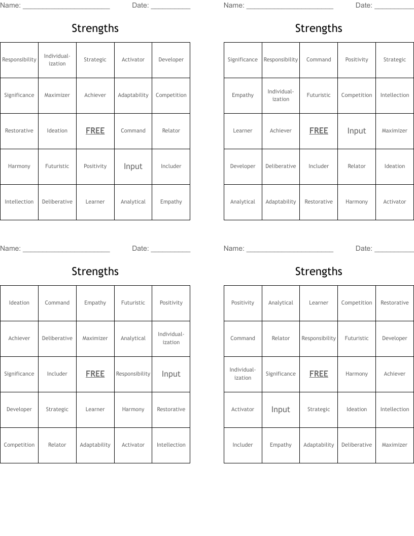 Strengths Bingo Cards