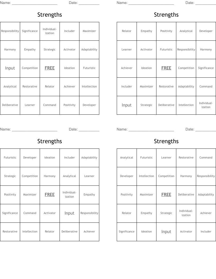 Strengths Bingo Cards