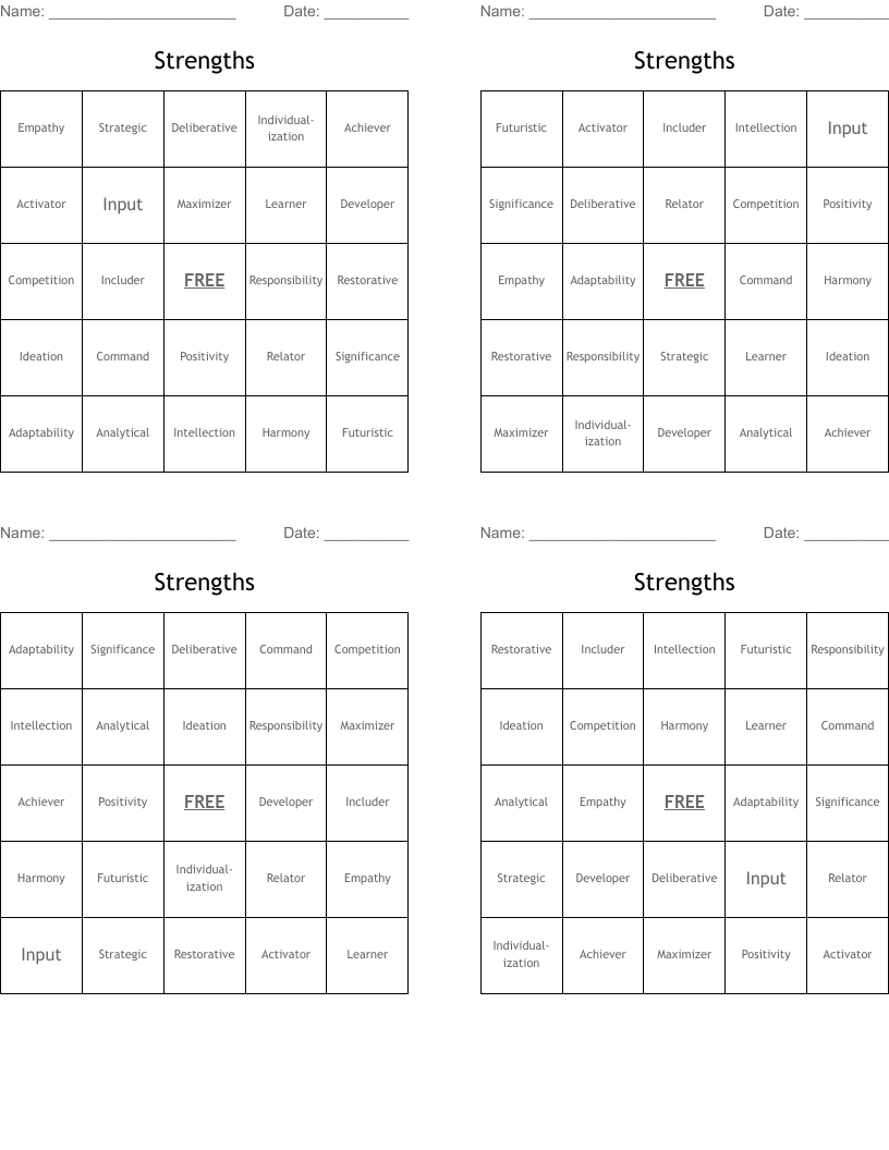 Strengths Bingo Cards