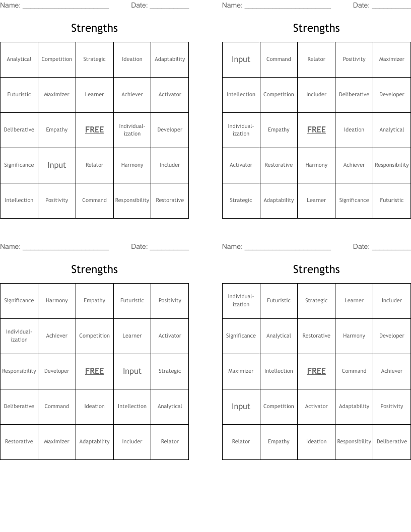 Strengths Bingo Cards