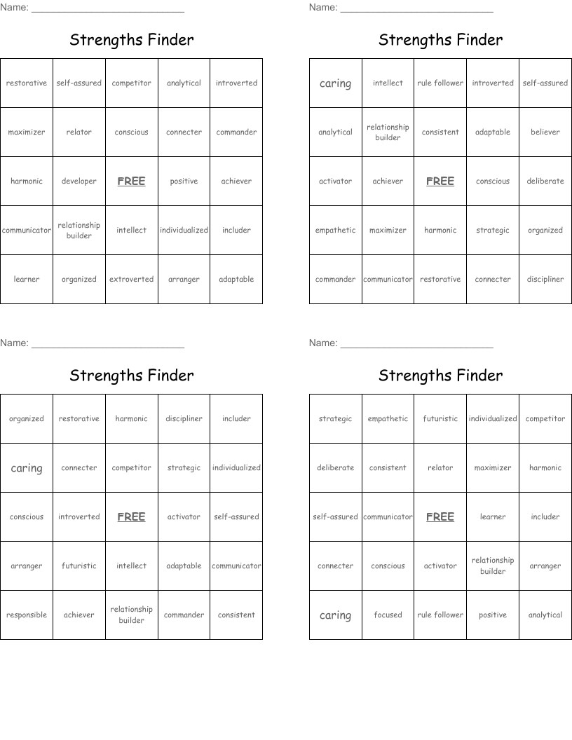 Strengths Finder Bingo Cards