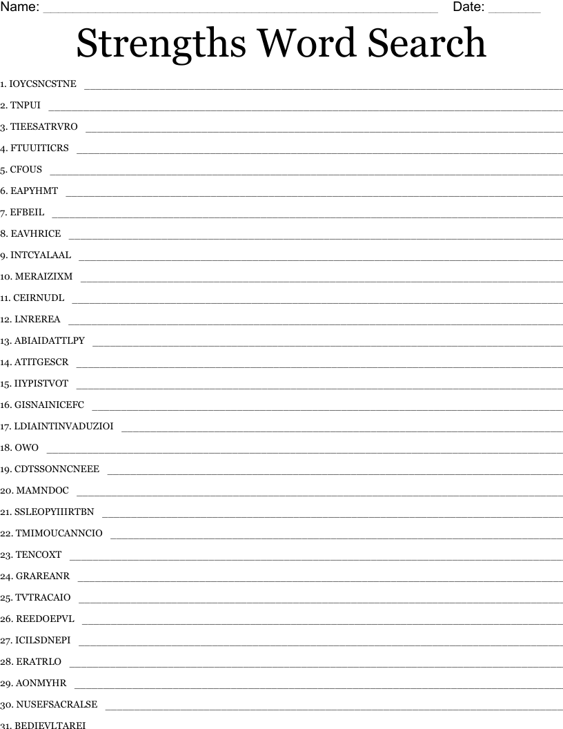 Strengths Word Search Word Scramble