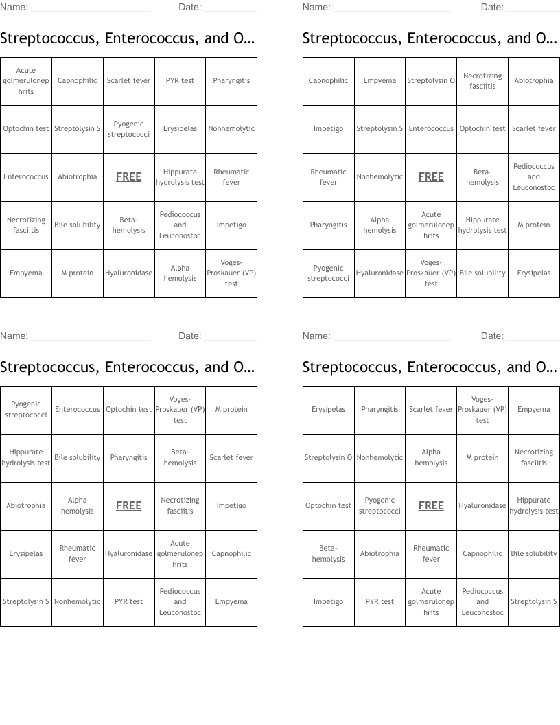 Streptococcus, Enterococcus, and Others Bingo Cards