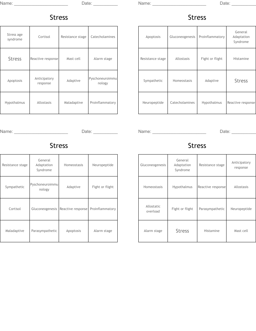Stress Bingo Cards