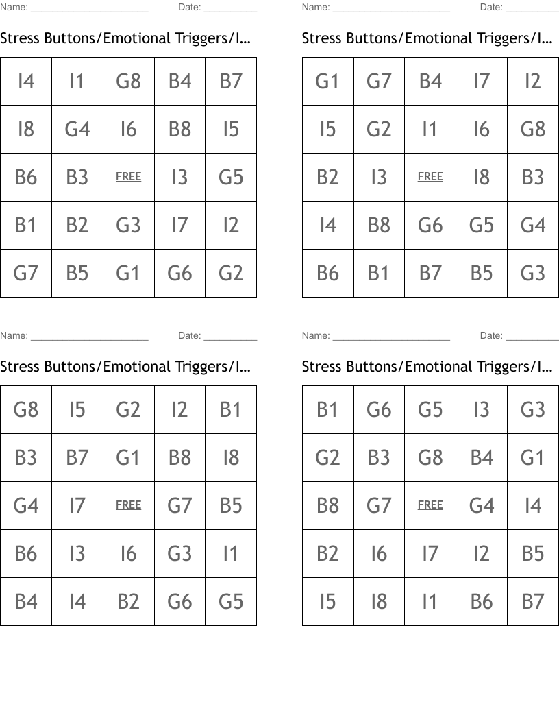 Stress Buttons/Emotional Triggers/Intuitive Trust Factors Bingo Cards