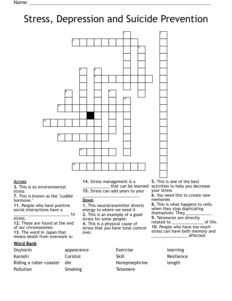 Stress, Depression and Suicide Prevention Crossword