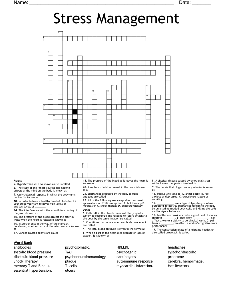 Stress Management Crossword