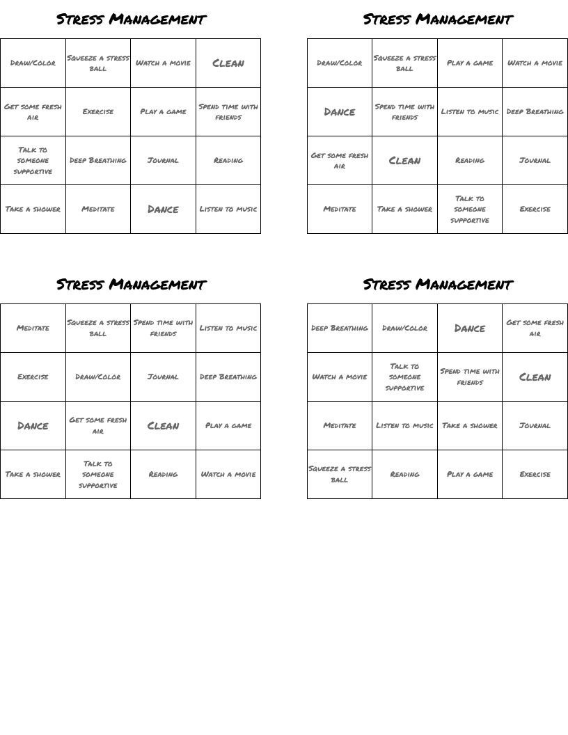 Stress Management Bingo Cards