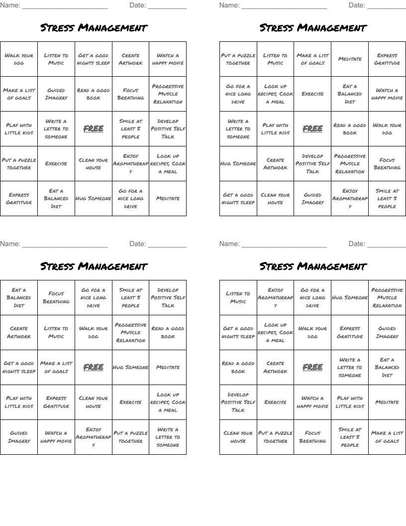 Stress Management Bingo Cards