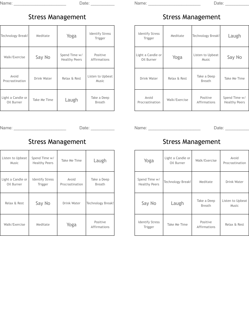 Stress Management Bingo Cards