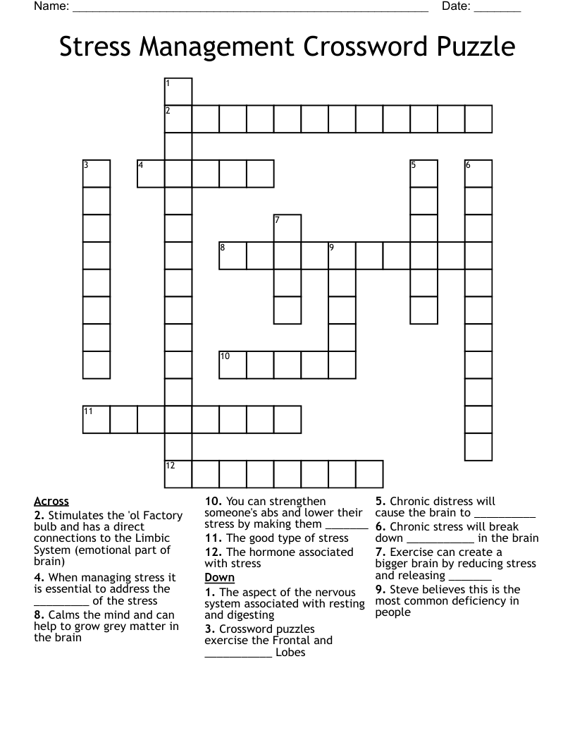 Stress Management Crossword Puzzle