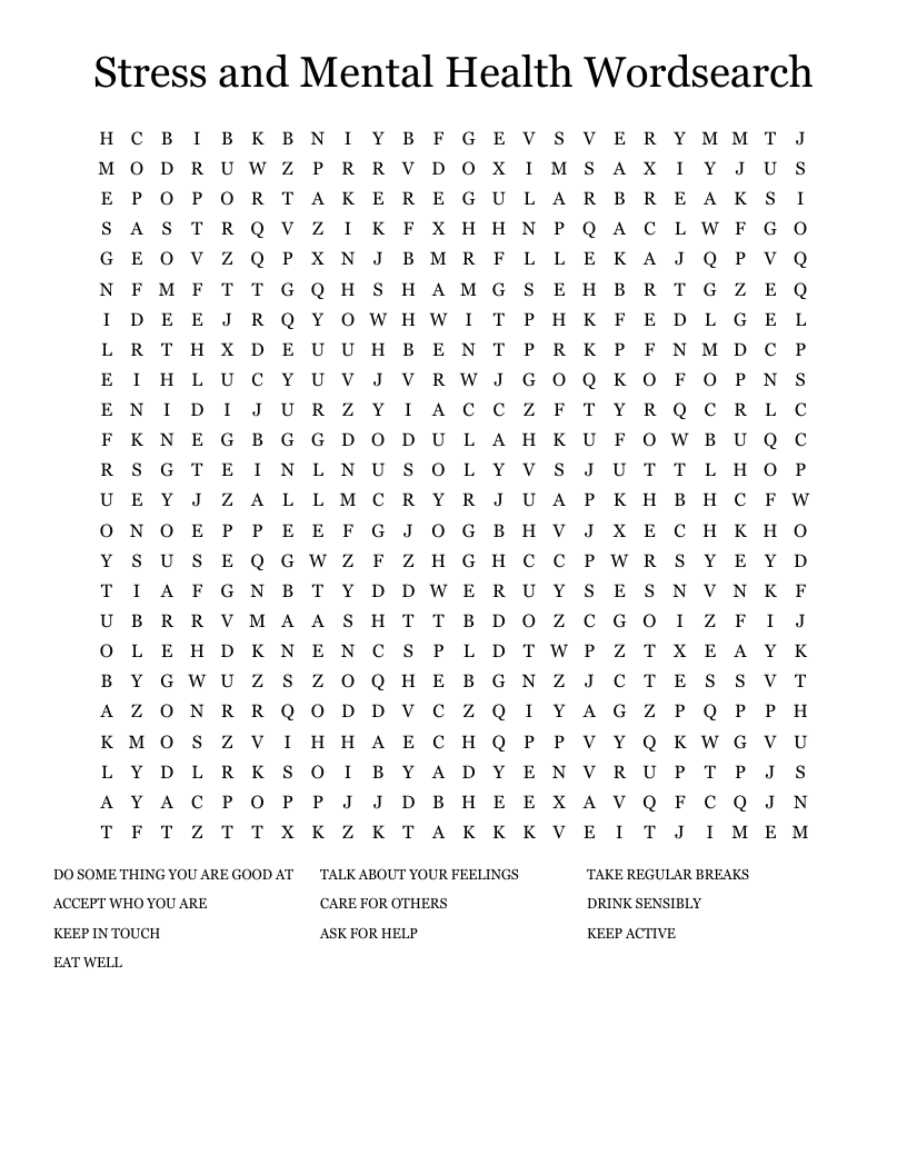 Stress and Mental Health Wordsearch