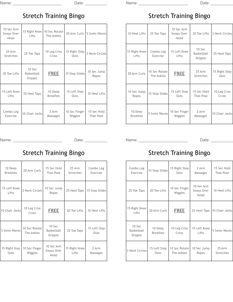 Stretch Training Bingo 