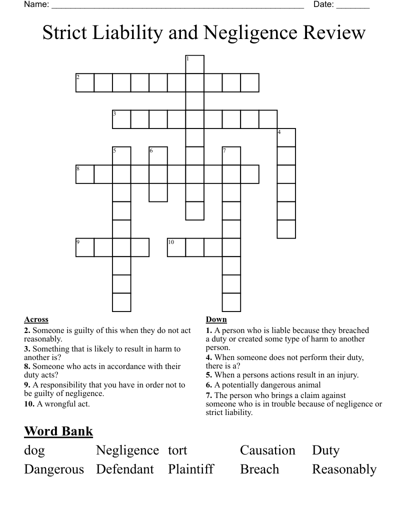 Strict Liability and Negligence Review Crossword