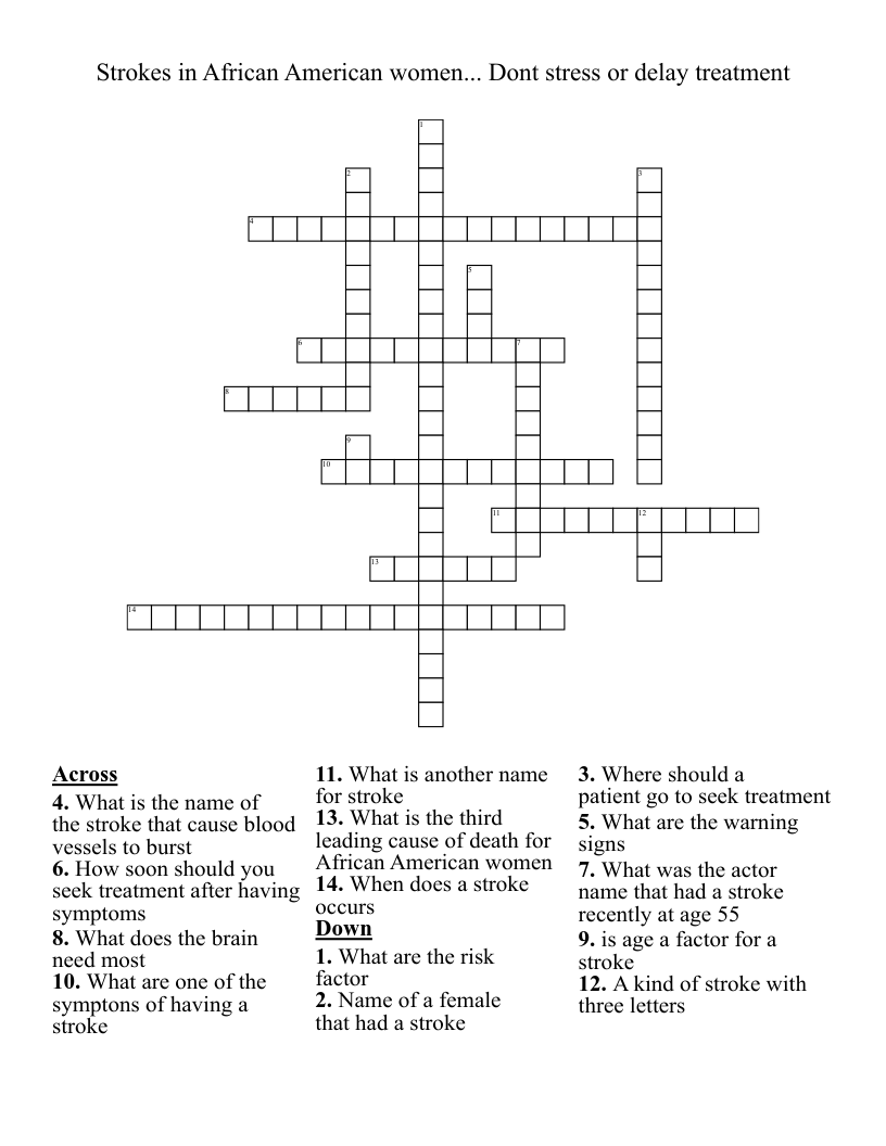 Strokes in African American women... Dont stress or delay treatment  Crossword
