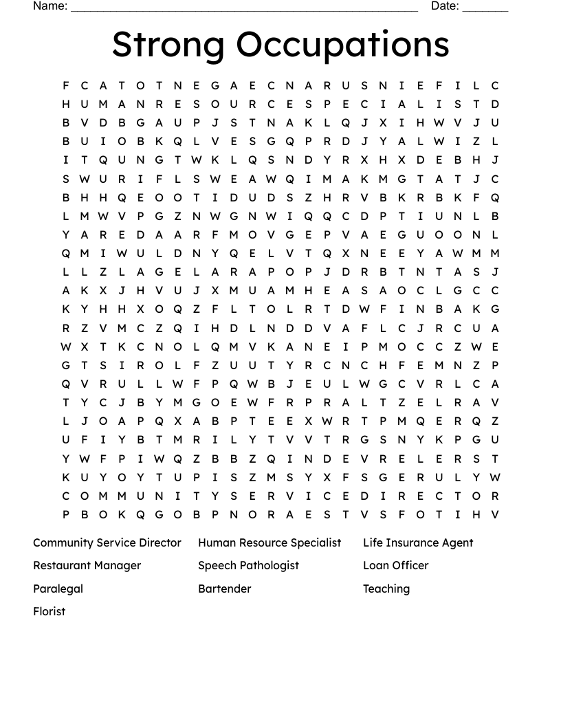 Strong Occupations  Word Search