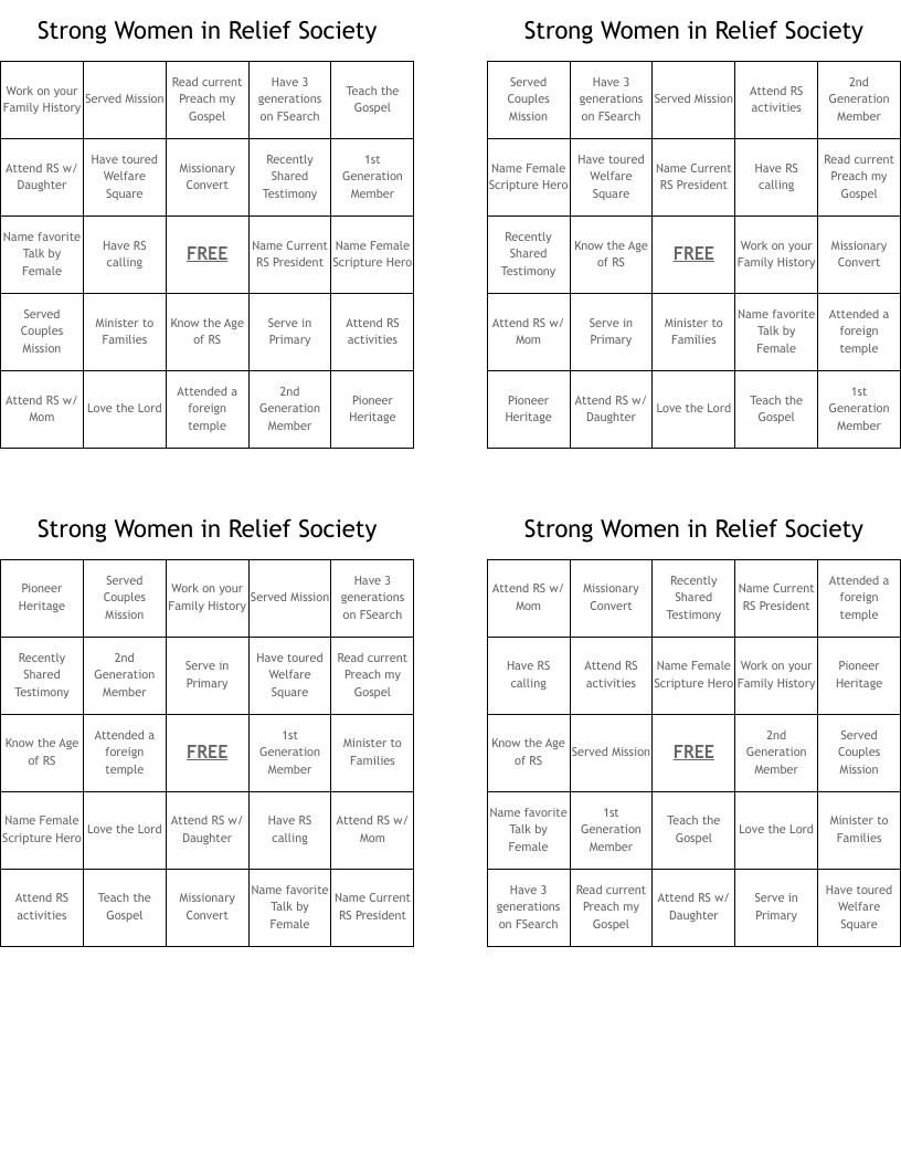 Strong Women in Relief Society Bingo Cards