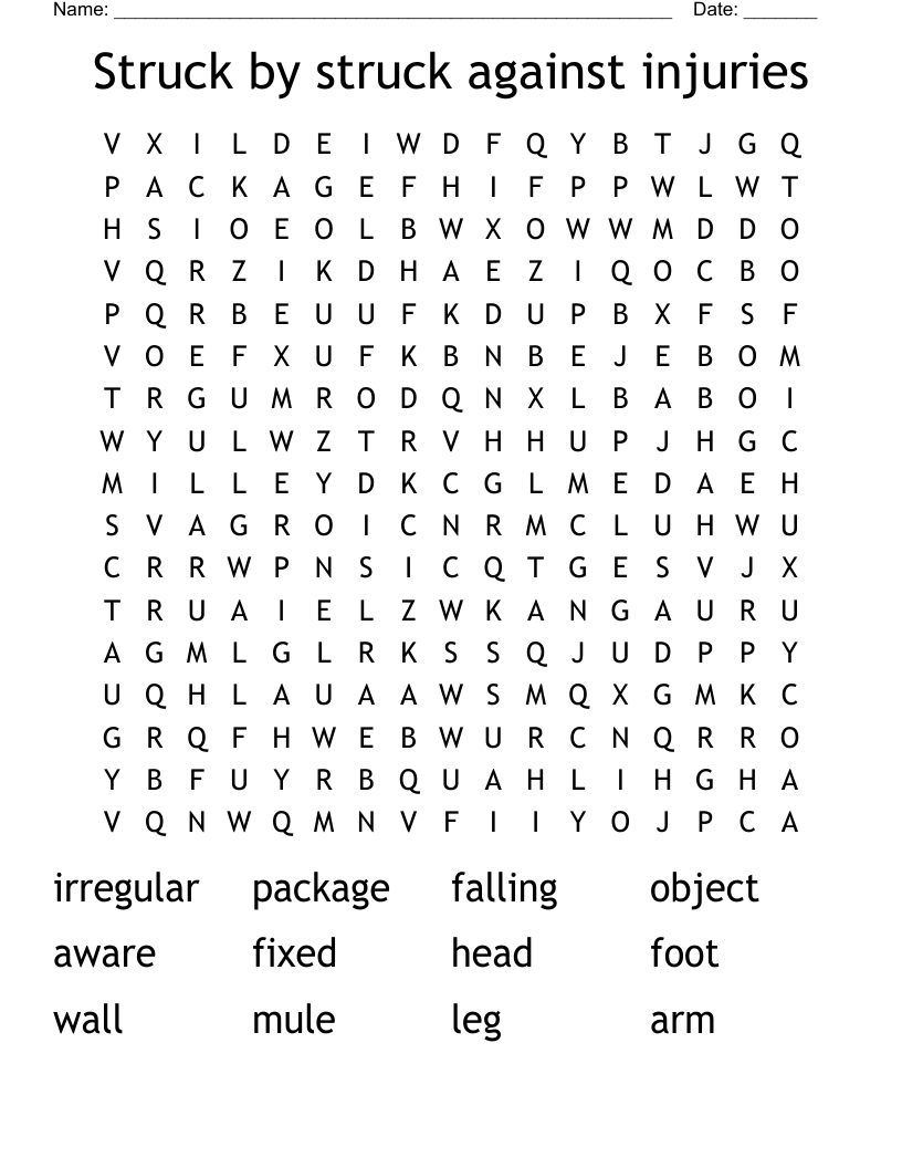 Struck by struck against injuries Word Search
