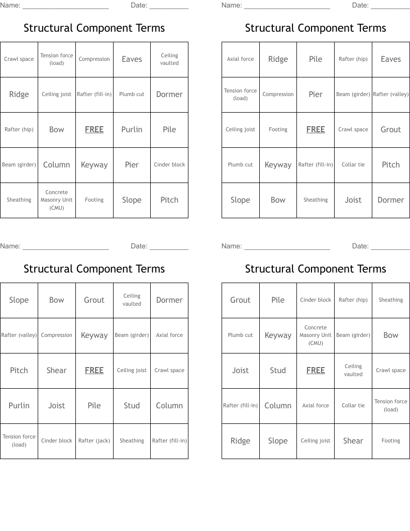 Structural Component Terms Bingo Cards