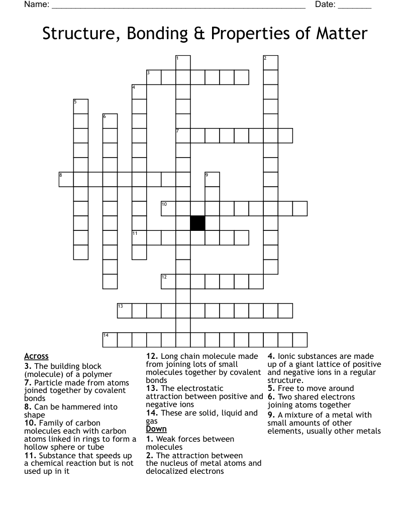 Structure, Bonding & Properties of Matter Crossword
