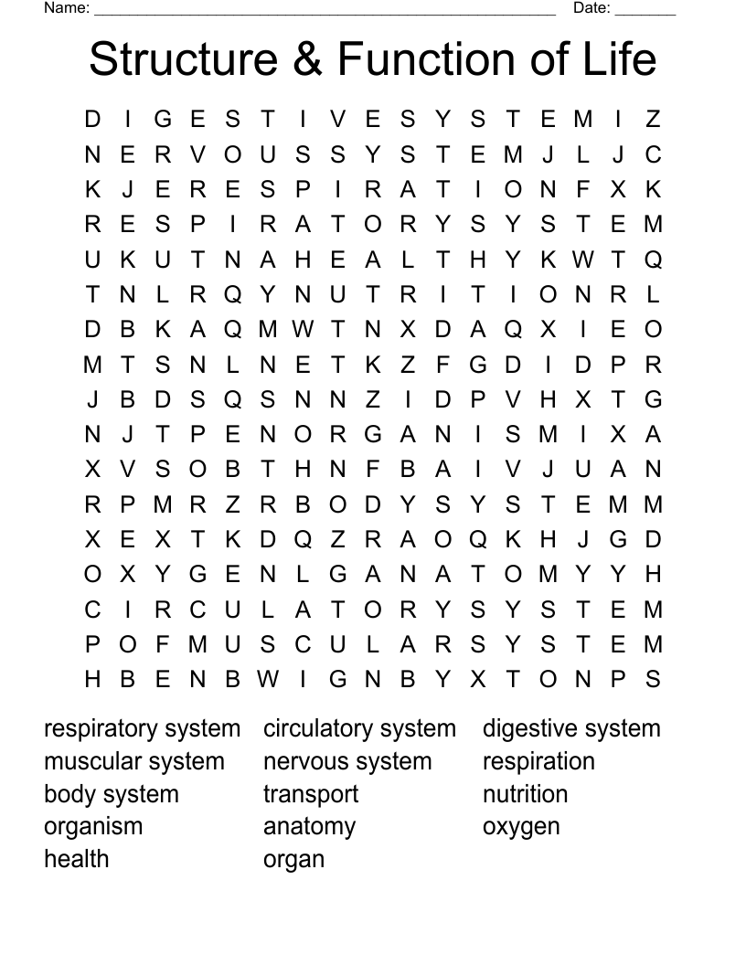 Structure & Function of Life  Word Search