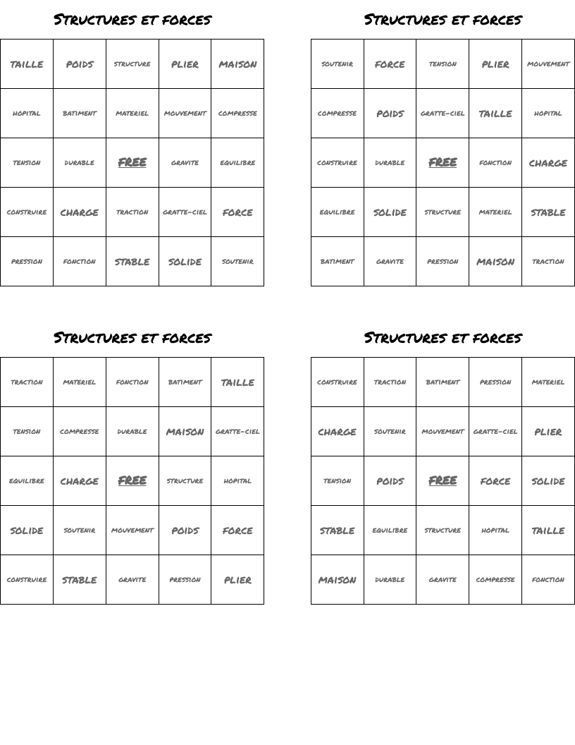 Structures et forces Bingo Cards