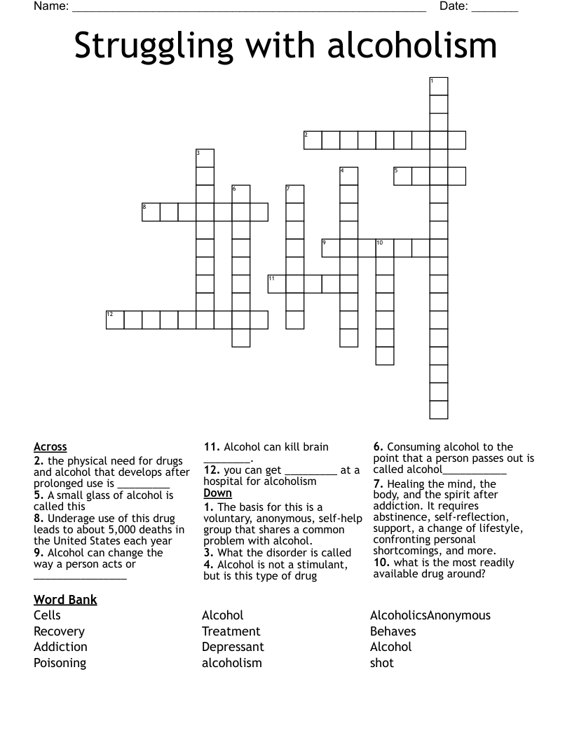 Struggling with alcoholism  Crossword