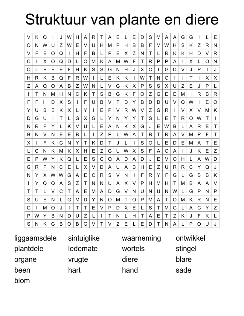 Struktuur van plante en diere Word Search
