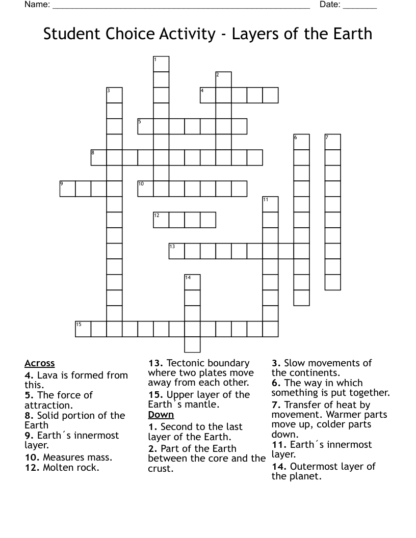 Student Choice Activity - Layers of the Earth Crossword