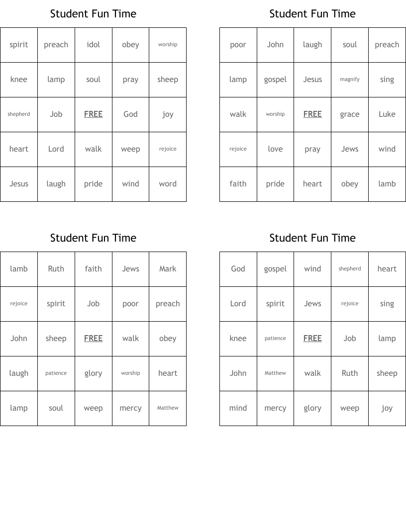 Student Fun Time Bingo Cards