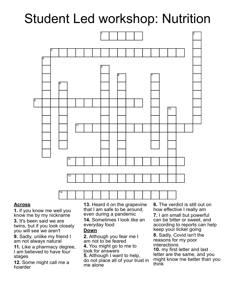 Student Led workshop: Nutrition Crossword