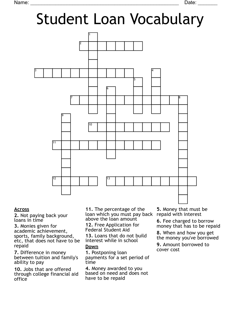 Student Loan Vocabulary Crossword