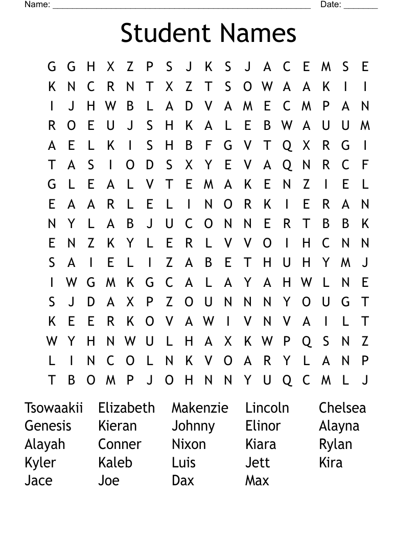 Student Names Word Search