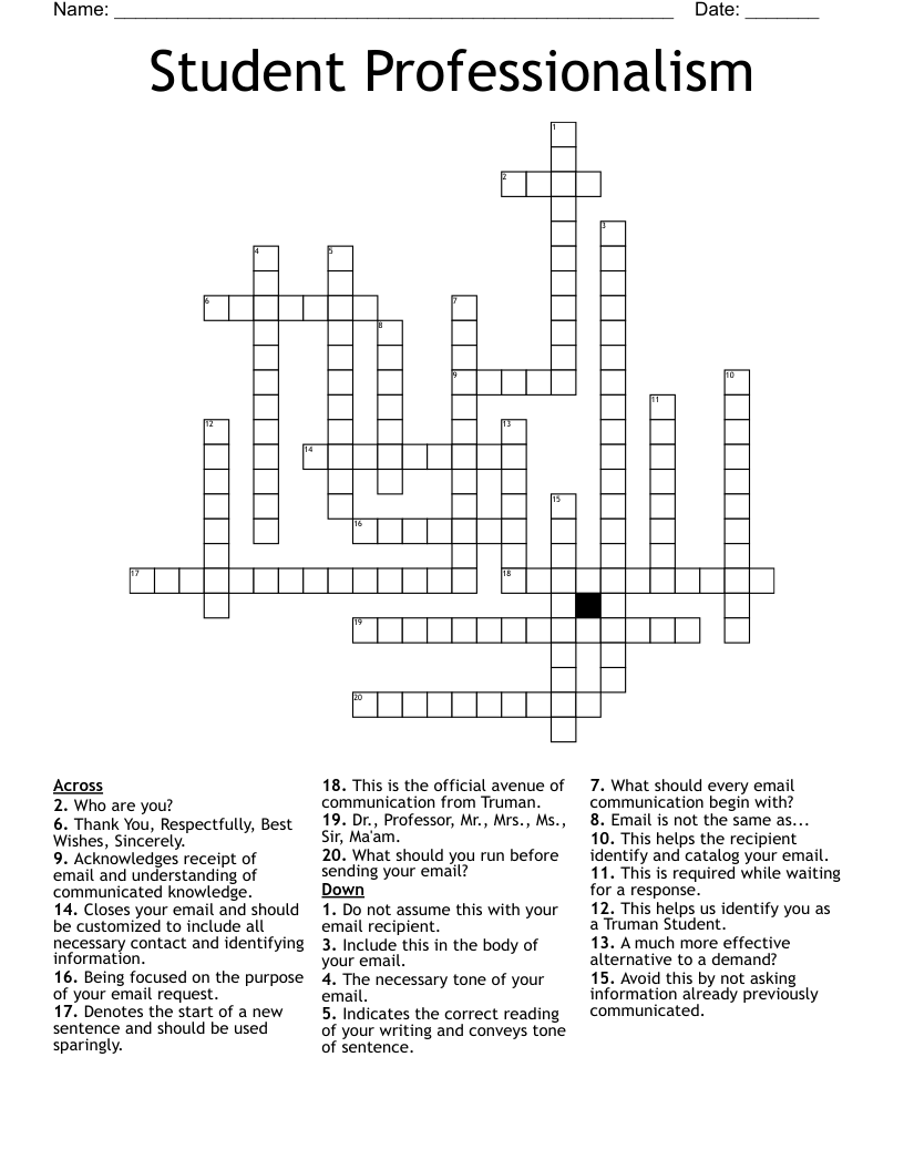 Student Professionalism Crossword