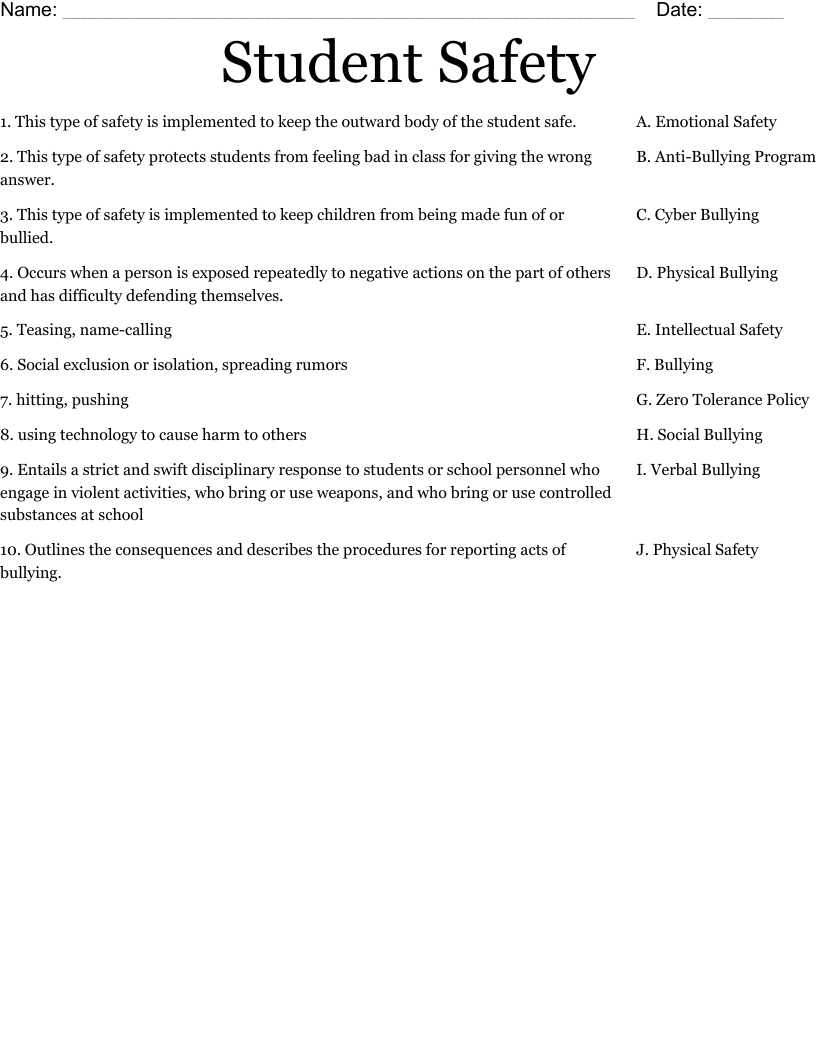Student Safety  Worksheet