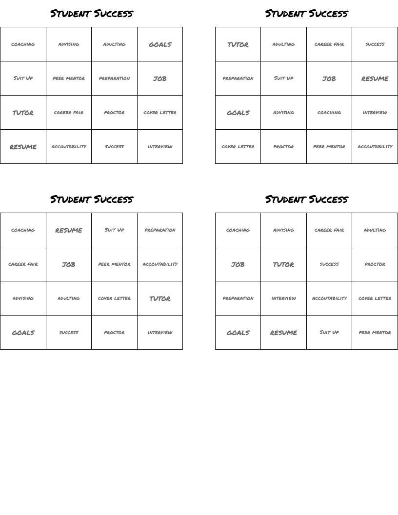 Student Success Bingo Cards